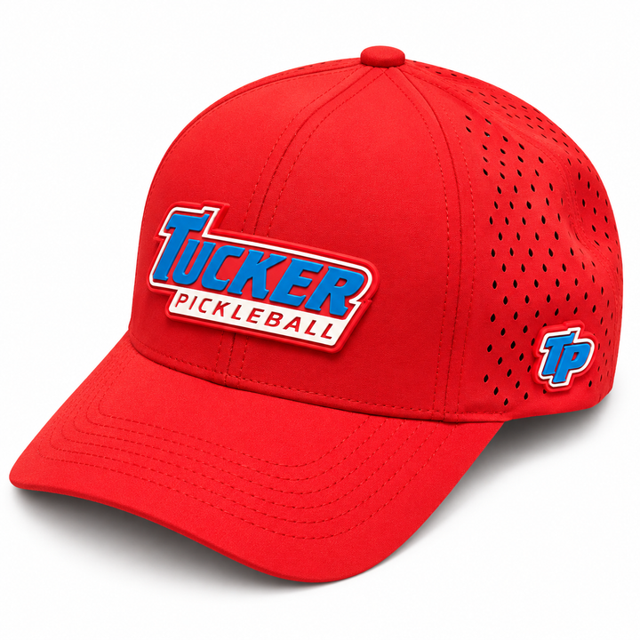 Tucker Pickleball red adjustable hat, front view with PVC logos