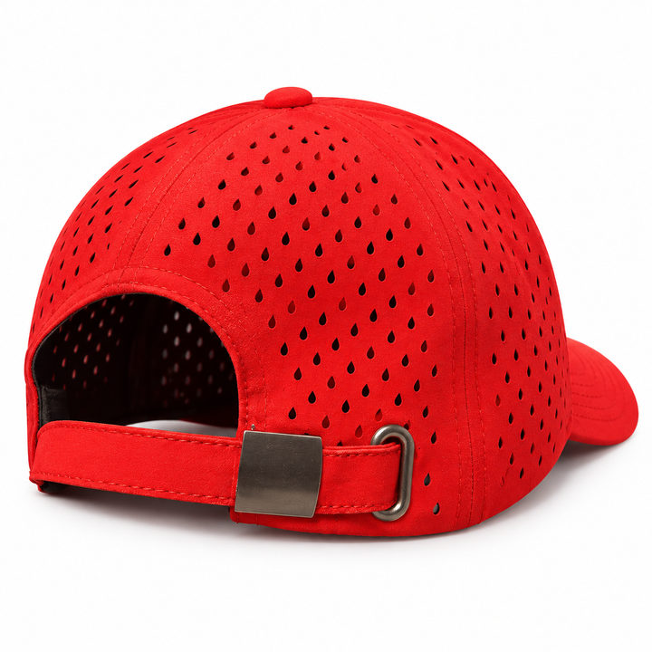 Back of the red Tucker Pickleball hat with perforated panels and adjustable strap with metal buckle