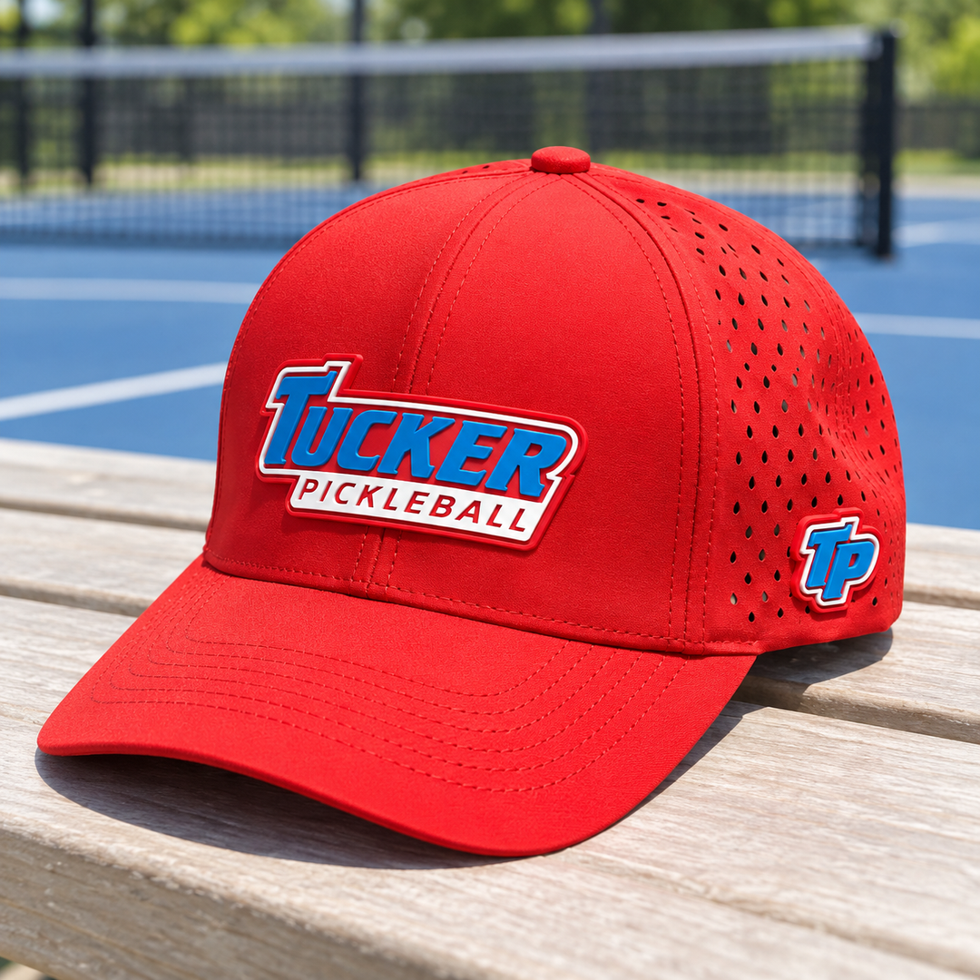 Red Tucker Pickleball hat on a courtside bench