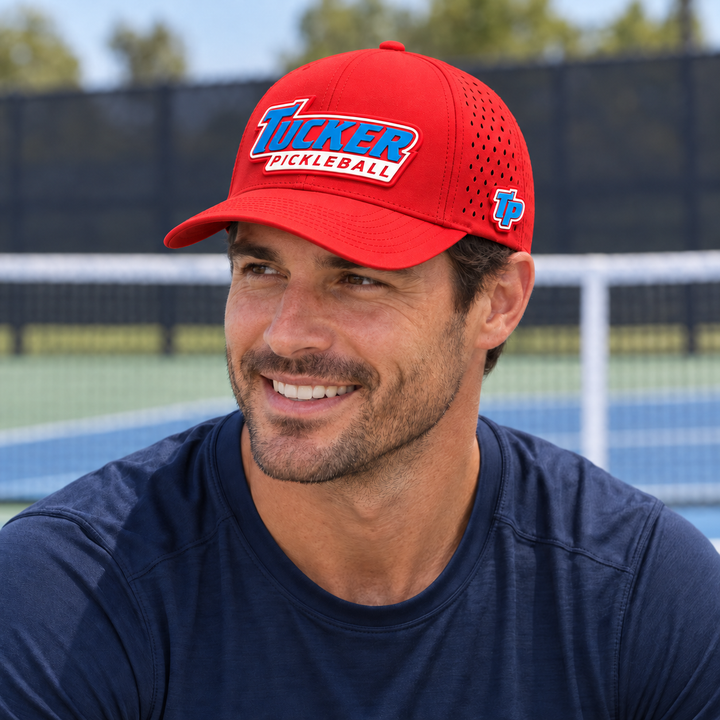 Man wearing the red Tucker Pickleball hat on a pickleball court