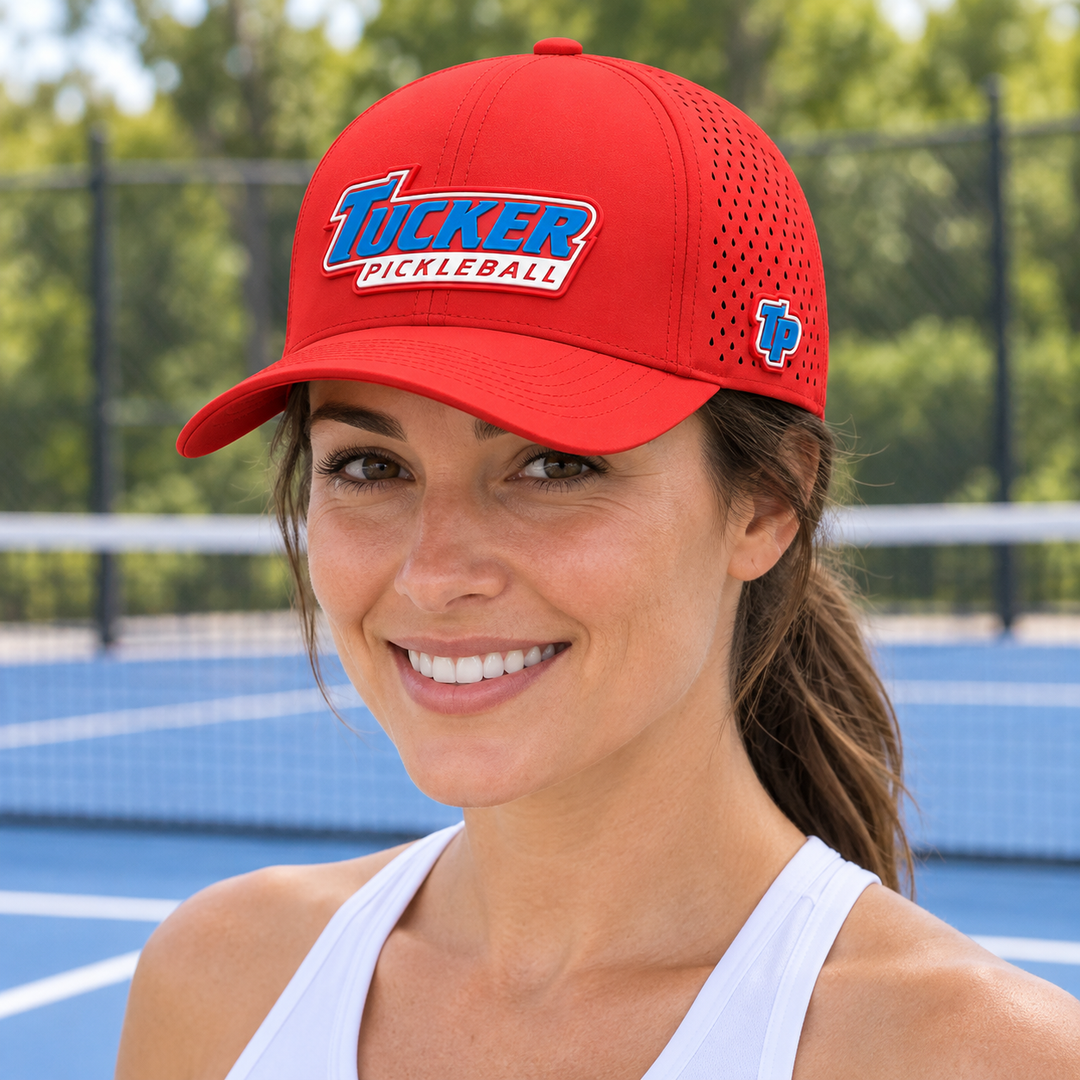 Woman wearing the red Tucker Pickleball hat on a pickleball court