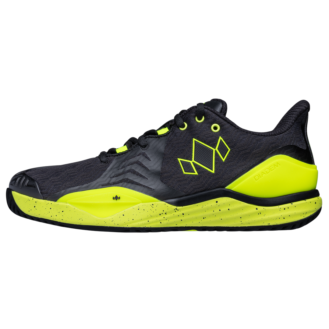 Diadem Court Burst pickleball shoe in Black/Neon, side profile