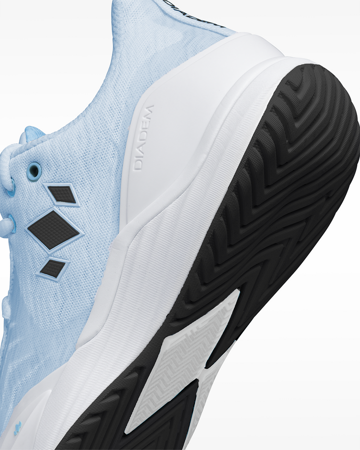Diadem Court Burst pickleball shoe in Arctic Mist, close-up of the heel