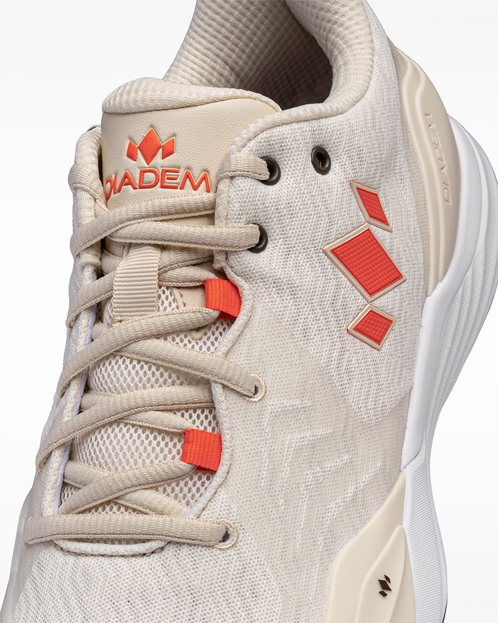 Diadem Court Burst pickleball shoe in Desert Sun, close-up of the laces and upper