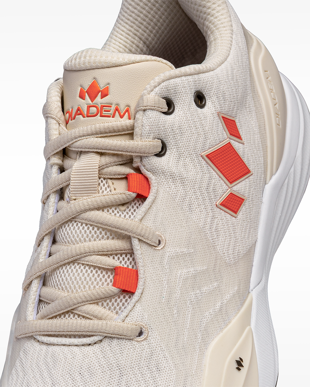 Diadem Court Burst pickleball shoe in Desert Sun, close-up of the laces and upper