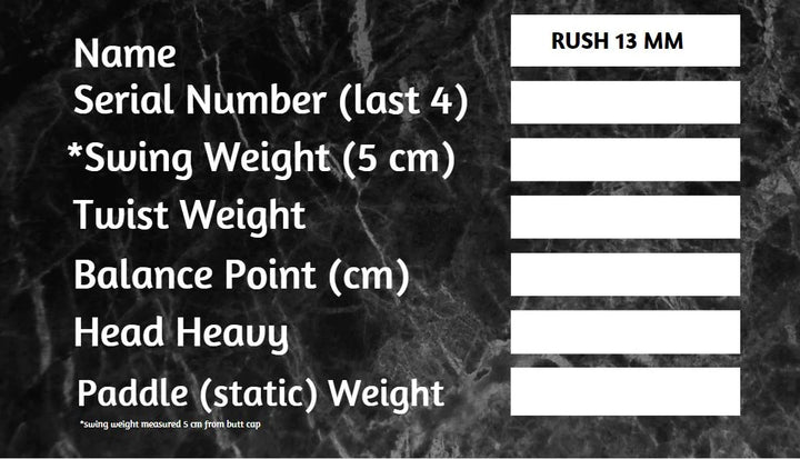 RUSH 13 SINGLES (PINK) Includes custom weight card, paddle cover, paddle eraser, and lead weights.
